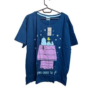 Peanuts Snoopy Woodstock Sleeping‎ Under Stars Navy Blue Sleep Shirt NWT L